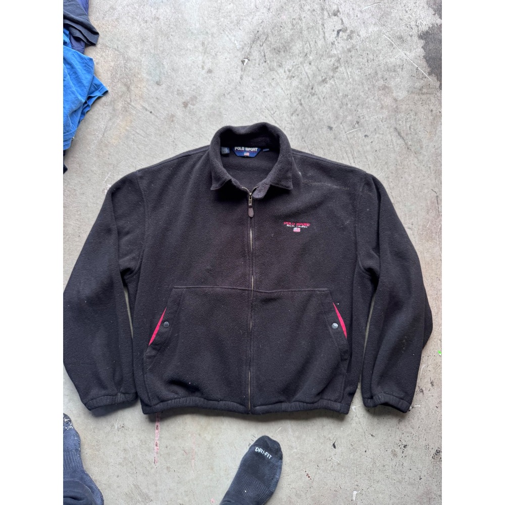 Vintage Polo Sport Ralph Lauren Fleece Jacket Black Full Zip Made in USA Large
